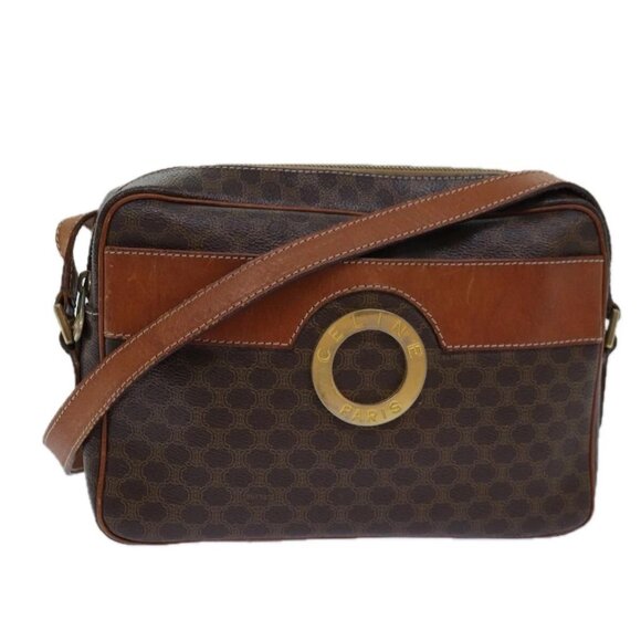 CELINE Macadam Canvas Shoulder Bag PVC Leather Brown Gold Auth 85387 - Picture 1 of 16